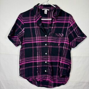 Victoria's Secret Top Plaid Button Front Short Sleeve Shirt Pink Black Sz Medium
